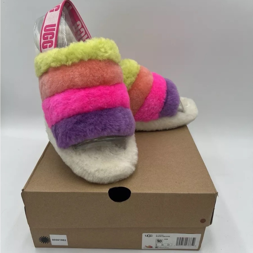 Women's UGG Fluff Yeah Slide WHM (1097169WHM) Rainbow Worn A Couple Times Sz 10